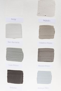 the shades of gray and white are shown in this color swat list for interior paint