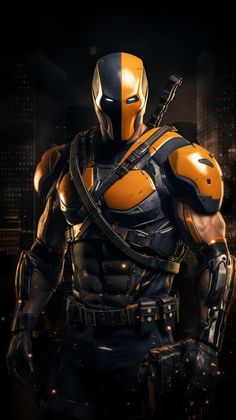 a man dressed in yellow and black armor