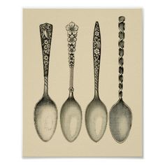 four spoons with different designs on them