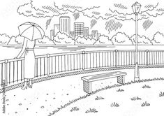 black and white drawing of a person with an umbrella on a bench in the park