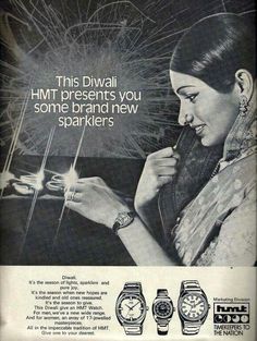 an advertisement for watches with a woman holding a sparkler in her hand and the caption reads, this diwal him presents you some brand new sparkers