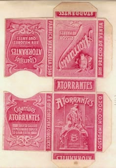 four different pink and white stamps with the names of various types of items on them