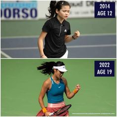 two pictures showing the same tennis player in different stages of her run and after she has hit the ball with her racket