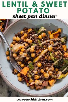 lentil and sweet potato sheet pan dinner with broccoli on the side in a bowl