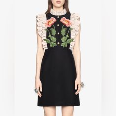 Gucci Black Floral Embroidered Wool Silk Dress With Beautiful Big Buttons, And Ruffled Details. It’s Brand New Without Tags, And It Was Never Worn. It Is Listed As A Size 38 But Runs Small. Embroidery Flower Dress, Flower Embroidered Dress, Gucci Floral, 2017 Runway, Gucci Dress, Natalie Wood, Embroidered Wool, Floral Embroidered Dress, Shift Dresses