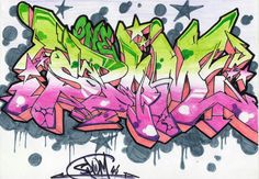 graffiti written on the side of a wall in pink, green and purple colors with stars