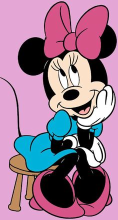 minnie mouse sitting on top of a stool with a pink bow in her hair and blue dress