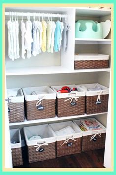 an organized closet with baskets and clothes