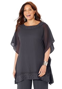 If you're eyeing our rhinestone accented poncho, we don't blame you. This number has our full attention too. It's chic, cozy, and comfortable. Wear it alone or layered over your favorite tunic or tee. FABRIC: Beautifully light, feel-good georgette fabric that's soft, smooth, and cool to the touch. FIT: Easy, comfortable poncho style silhouette. Rhinestud accents at banded neckline and bottom. Below elbow-length sleeves, straight hem. 100% PolyesterMachine washImported Plus Size PonchoAverage: 34 Big Belly Outfits Plus Size, Poncho Blouse, Casual Tie, Blouse Tank Top, Poncho Style, Womens Scrubs, Georgette Fabric, Petite Tops, Petite Dresses