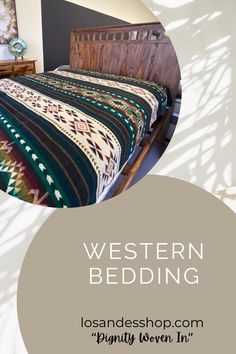 Green, cream and brown Western pattern blanket on a bed with brown headboard. Western Blanket, Western Blankets, Western Gothic, Western Bedding, Native Print, Queen Blanket, Lodge Decor, Couch Throws