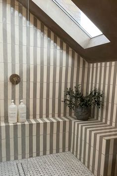 a bathroom with tiled walls and flooring in the shower area, along with two planters