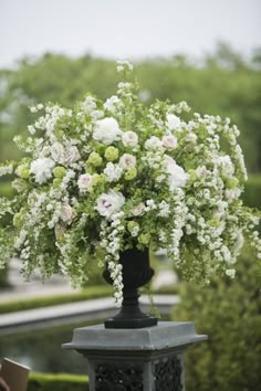 a vase filled with white and green flowers sitting on top of a black pedestal next to trees