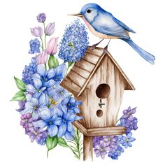 a blue bird sitting on top of a wooden birdhouse next to purple and white flowers