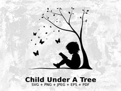 a child sitting under a tree reading a book with butterflies flying around it and the words,