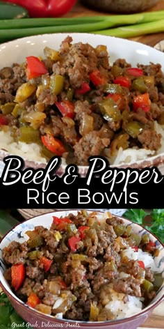 beef and pepper rice bowl with vegetables on the side