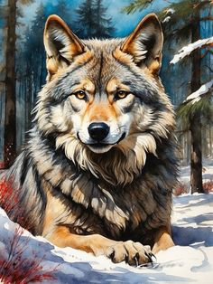 a painting of a wolf sitting in the snow