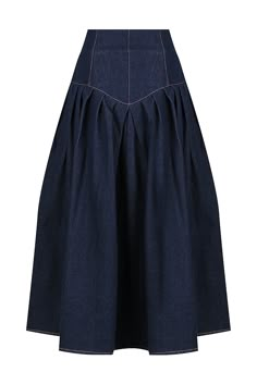 Denim Maxi Skirt Gathered Denim Skirt, Vintage Denim Maxi Skirt, Maxi Skirt Pleated, V Waist Skirt, Fall Skirts 2024, Draped Maxi Skirt, Denim Circle Skirt, Skirt Models Ideas, Dark Denim Skirt Outfit