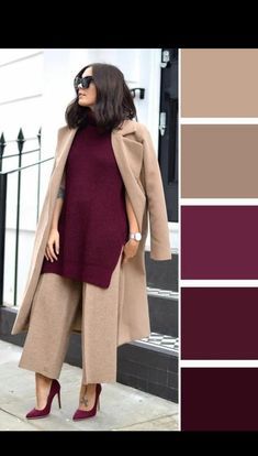 Burgundy Colour Combinations Outfit, Feminine Menswear For Women, Winter Color Combinations Outfit Ideas, Deep Color Outfits, Plum Color Combinations Outfit, Neutral Color Outfits Women, Trendy Winter Coats, Color Outfits