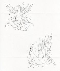 two drawings of an angel sitting on the ground