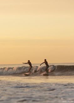 two people riding surfboards on top of a wave in the ocean at sunset or dawn