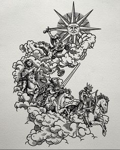 an ink drawing of the sun above clouds with horses and men riding on horsebacks