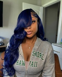 Blue And Black Frontal Wig, Dark Blue Wig Hairstyles, Ocean Blue Lace Front Wig, Blue Middle Part Frontal, Blue Wig Ideas Black Women, Outfits With Colored Hair, Midnight Blue Wigs For Black Women, Lace Wig Colors, Dark Skin Colored Wig