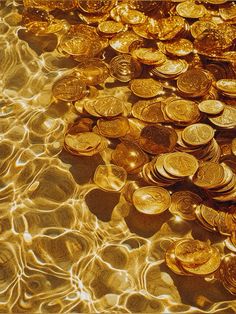 some gold coins are floating in the water