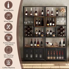 an image of a wine rack with many bottles and glasses on it's shelves