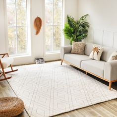 a living room with a couch, chair and potted plant on the floor in front of two windows