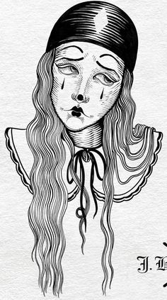 a drawing of a woman with long hair wearing a beanie and holding her eyes closed