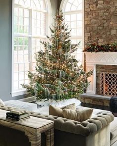 a living room filled with furniture and a christmas tree in the middle of the room