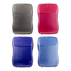 four different colored plastic chairs with metal legs