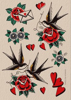 an image of tattoos with roses and birds on it's back side, in the shape of hearts