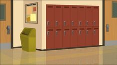 a room with lockers and a trash can