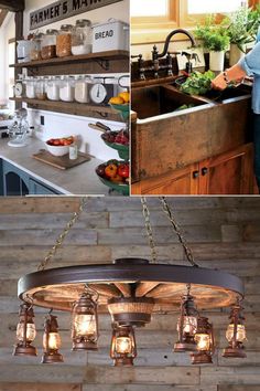 the kitchen and dining area are decorated in rustic wood, with hanging lights above the sink