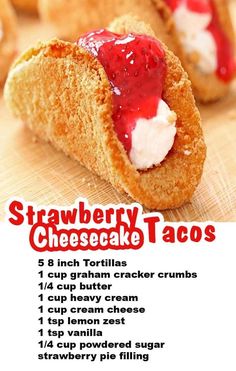 a recipe for strawberry cheesecake tacos on a cutting board