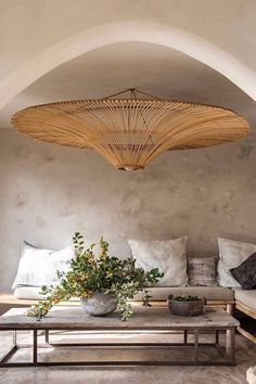 a living room filled with lots of furniture and plants on top of a coffee table