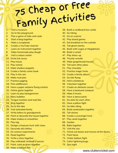 the 25 cheap or free family activities list is shown in yellow and has flowers on it