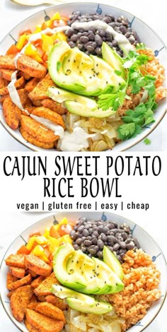 two plates filled with different types of food and the words cajun sweet potato rice bowl