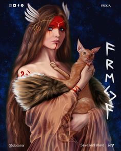 a painting of a woman holding a cat in her arms with the caption frema