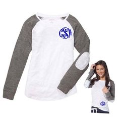 This monogrammed long sleeve slub t-shirt is a must for your everyday wardrobe. Perfect for those crisp fall days, for lounging around or running errands! Our lightweight tee is a 60/40 cotton/polyester blend and has a adorable elbow patch on each sleeve! There are two options for monogram placement. This tee can be monogrammed on the left chest or placement can be on the bottom left (see main picture above). PLEASE READ CAREFULLY BEFORE PLACING YOUR ORDER Traditional initial placement for monog Patch Tshirt, Preppy Monogram, Monogram T Shirts, Monogram Shirts, Grey Long Sleeve Shirt, Elbow Patch, Everyday Wardrobe, Grey Long Sleeve, Long Sleeve Tee