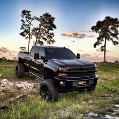 a black truck parked in the middle of a field