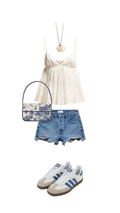 Casual Patio Outfit, Blue And White Shorts Outfit, Everyday Outfits Shorts, White Shorts Outfit Summer Casual, Blue Samba Adidas Outfit, Somba Outfits, Summer Outfits Stockholm Style, Stockholm Summer Outfit, Stockholm Summer Style