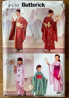 three women in kimonos and umbrellas on a wooden surface with the words butterick written below them