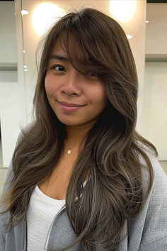 Casual long hair with side bangs and layers for a chic, effortless style. Side Bangs And Layers, Long Hair With Side Bangs, Long Hairstyles With Bangs, Hair With Side Bangs, Bangs And Layers