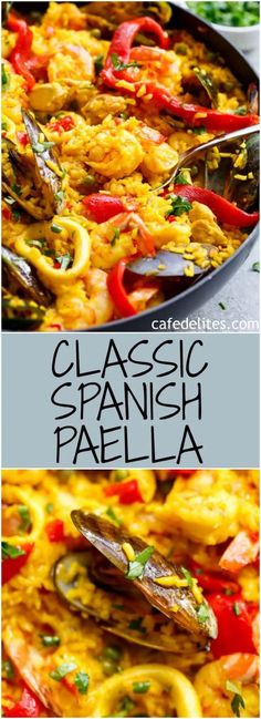 an image of some food that is being cooked in a pan with the words classic spanish paella on it