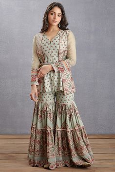 Sage Green Printed Sharara Set Design by TORANI at Pernia's Pop Up Shop 2022 Cotton Garara Designs, Sharara Designs Party Wear, Garara Designs, Sharara Outfit, Embroidery Hand Work, Printed Sharara, Cotton Dress Pattern, Sharara Pants