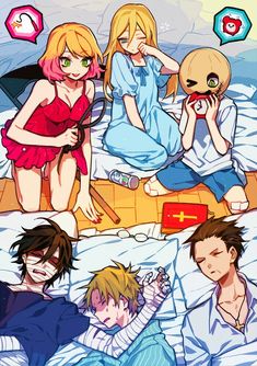 some anime characters are laying in bed together