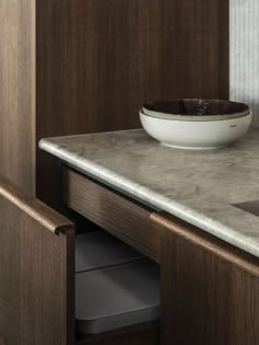 a bowl is sitting on the counter top next to a sink in a room with wood paneling