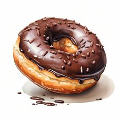 a donut with chocolate icing and sprinkles on it's side